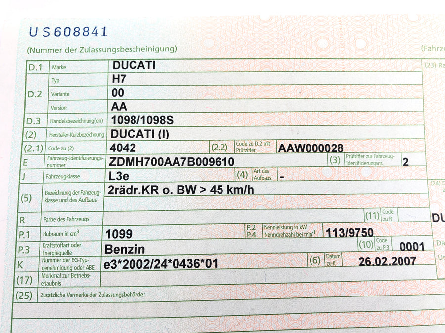 Ducati 1098 S H7 [2007] - Kader met voertuigbrief