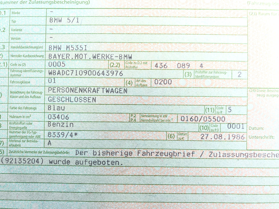 BMW M 535I E28 [1986] - Radhaus met chassisnummer en papieren lichaam